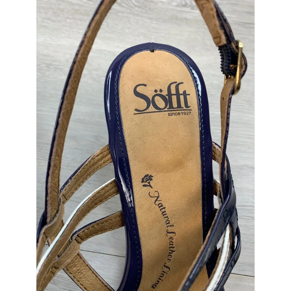 Sofft Women's Navy Cream Patent Leather Wedge Sandals Gold Hardware 9.5 Shoes